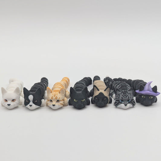 3d Printed Flexi Cats - White, Black and White, Yellow, Black, Siamese, Gray, Black with Purple Hat